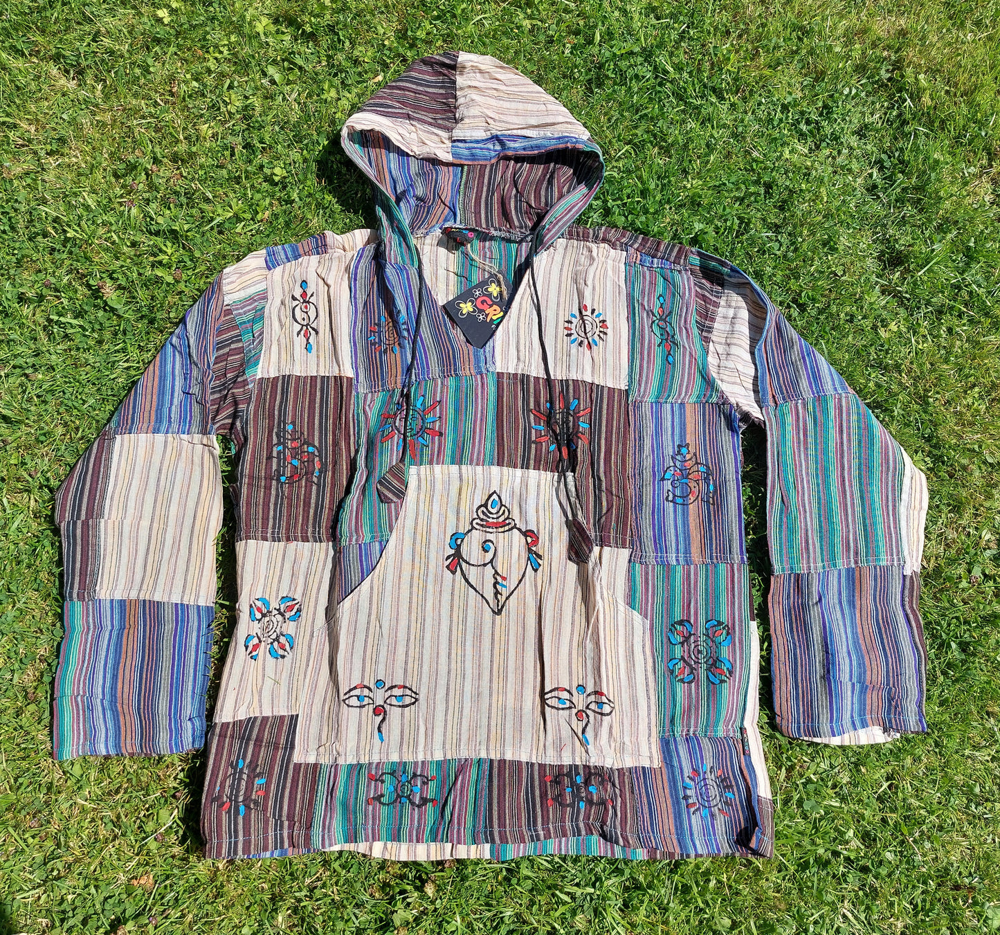 Grandad shirt collarless Hippy patchwork hooded festival top Gringo