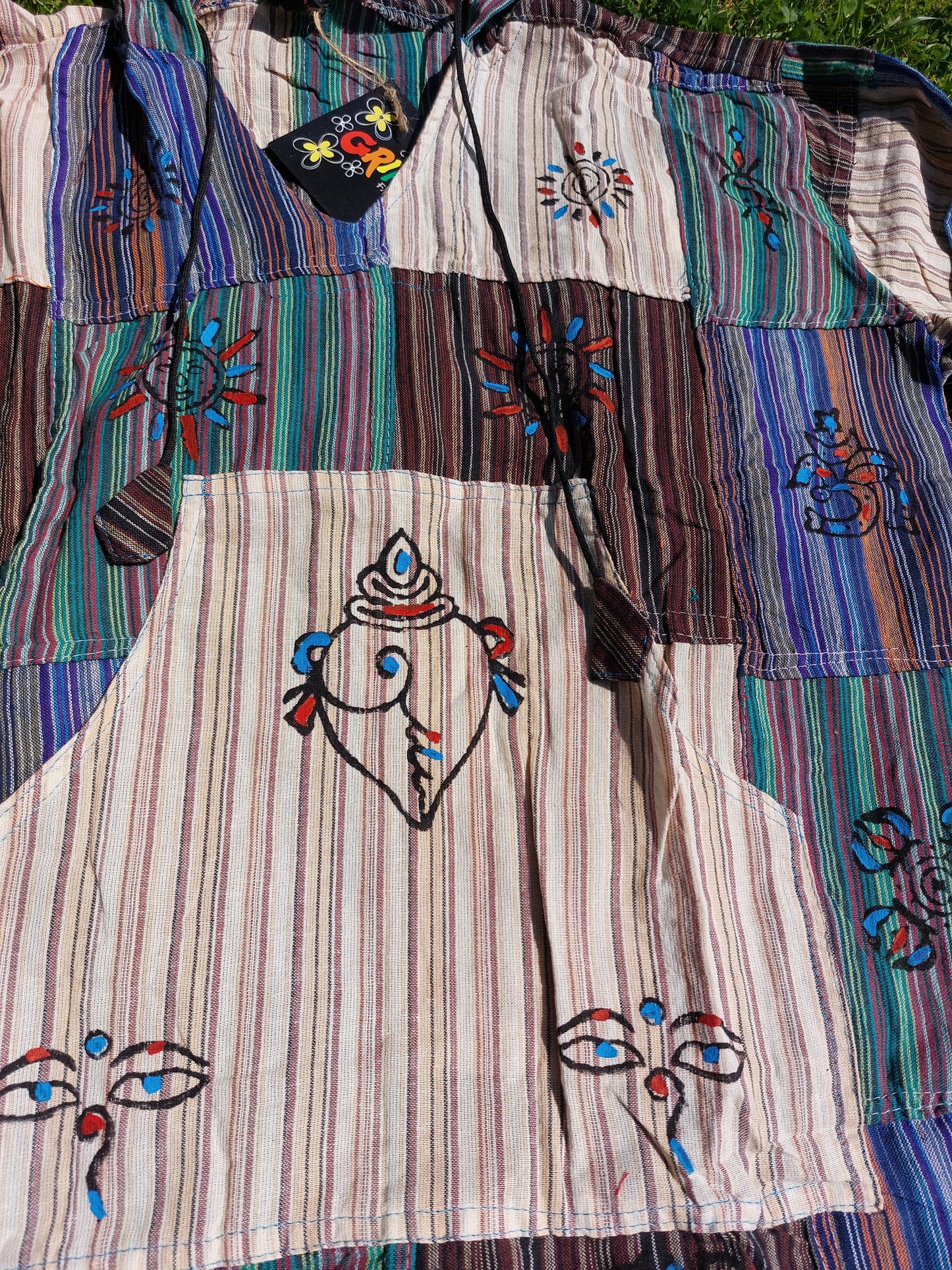 Grandad shirt collarless Hippy patchwork hooded festival top Gringo