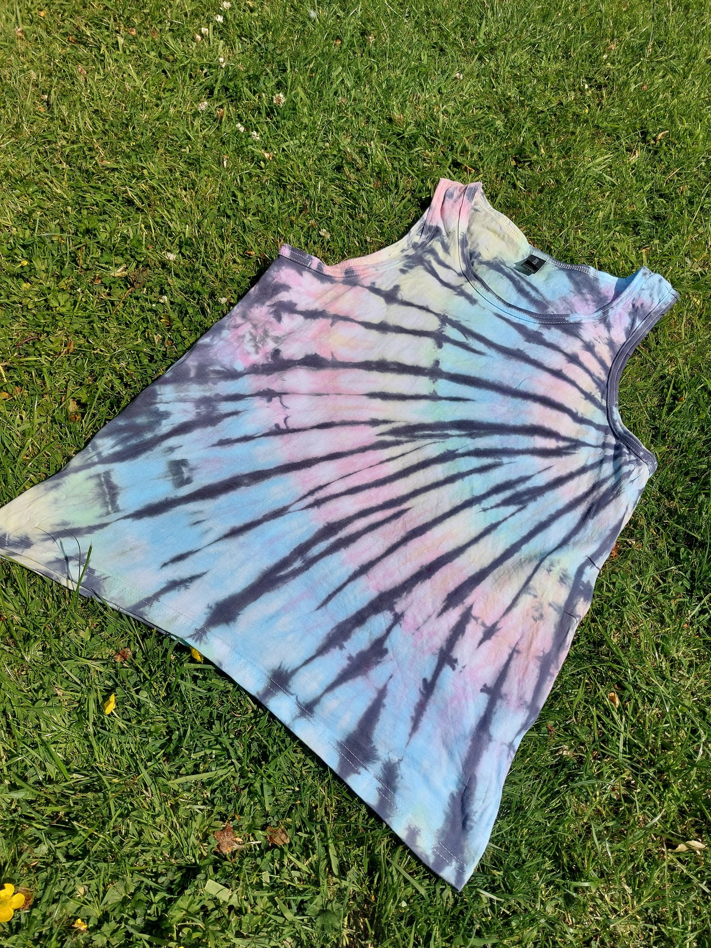 Pastel rainbow black faded look spiral festival tie dye t shirt tank vest top men's summer size S-2XL