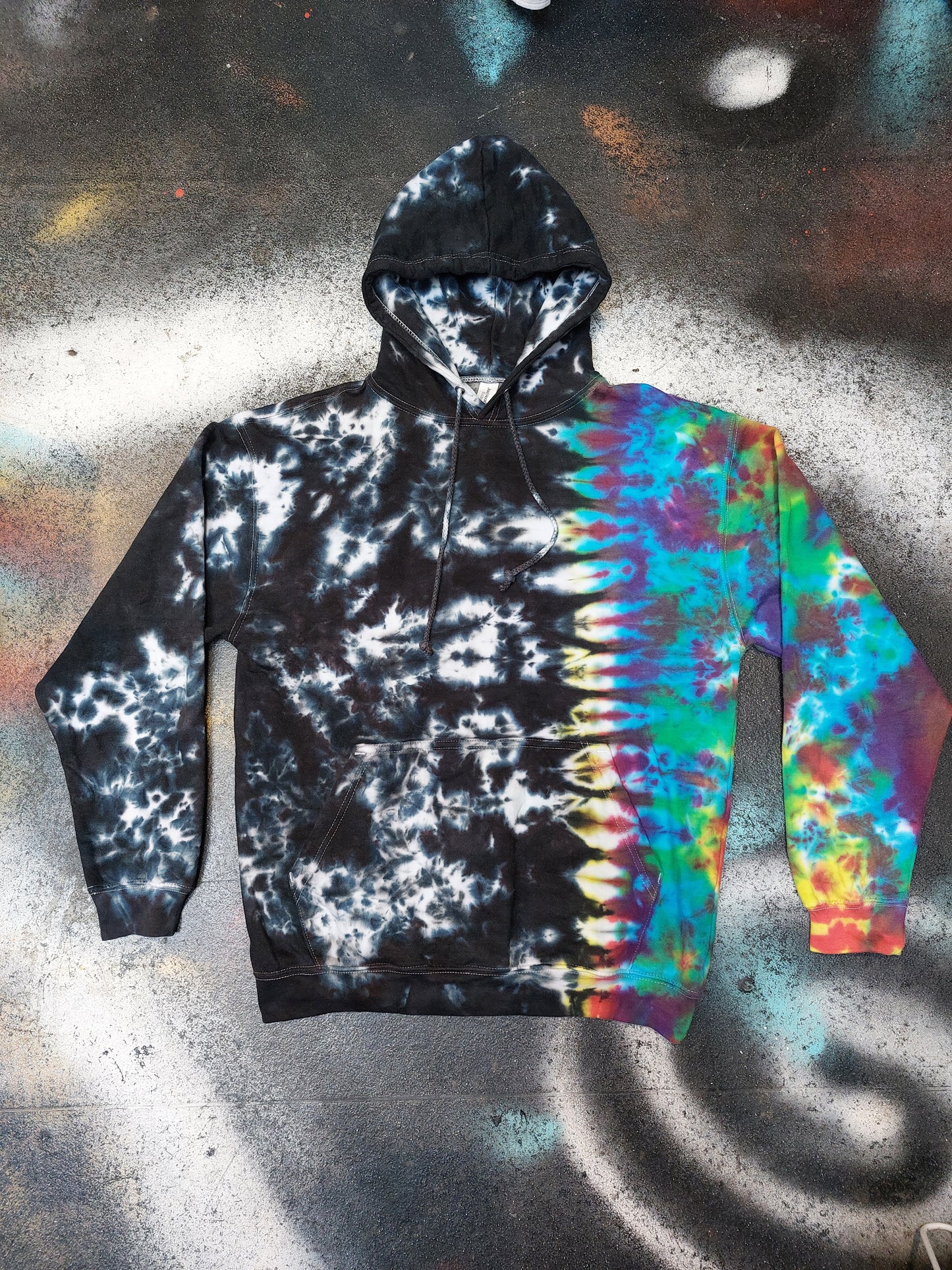 Tie Dye Rainbow & Black split colour hoodie UNISEX XS-5XL