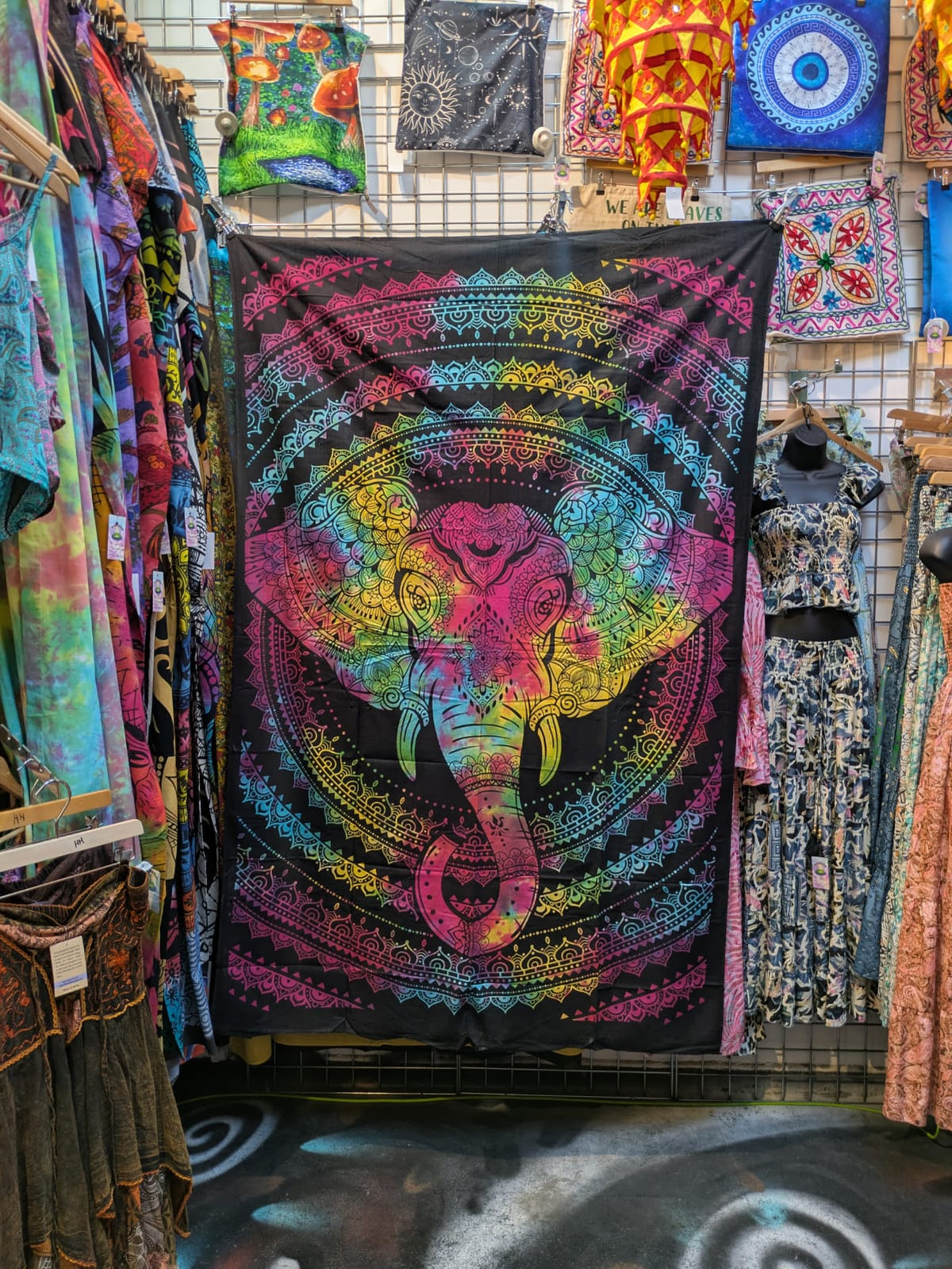 Elephant Mandala Rainbow Black bedspread wall hanging tapestry Single size