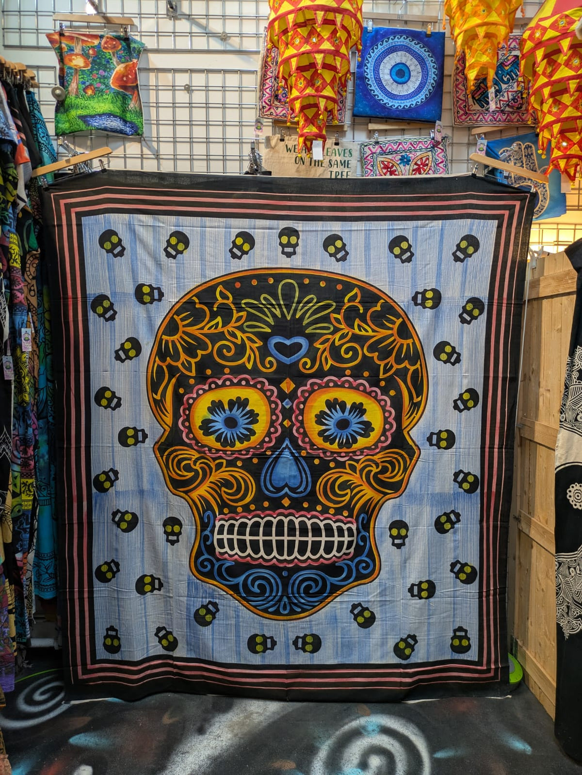 Sugar Candy Skull Day of the Dead Multicolour painted Large double bedspread wall hanging tapestry 210cm x 240cm