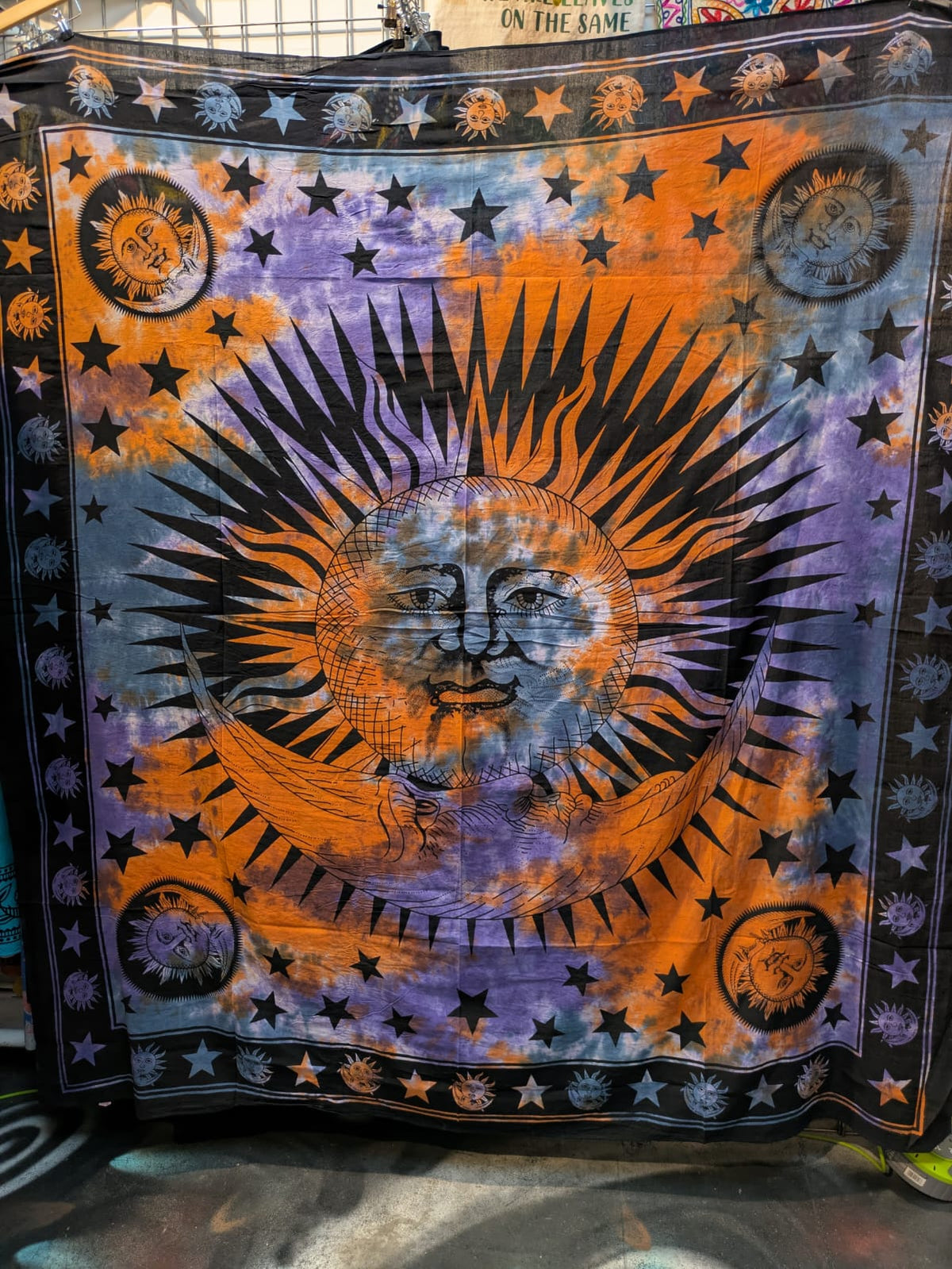Sun & Moon face Multicolour Traditional Large double bedspread wall hanging tapestry 210cm x 240cm