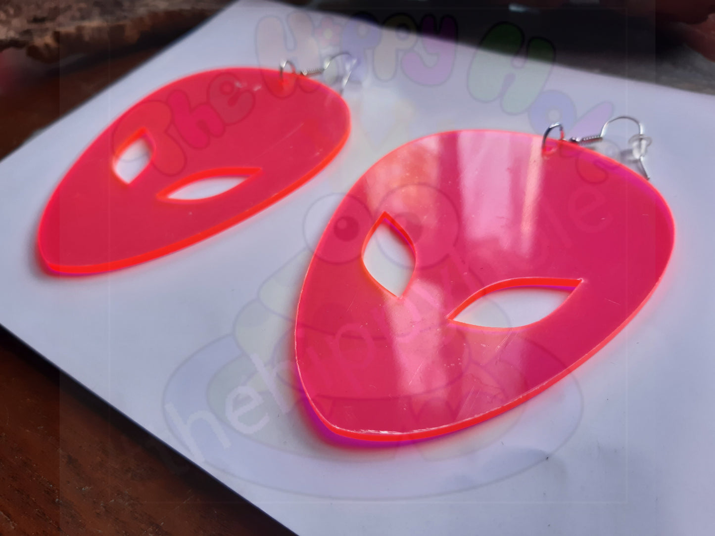 Alien face extra large UV pink translucent 3D drop earrings