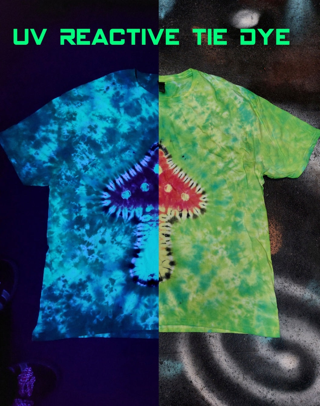 UV Reactive Magic Mushroom Tie Dye Rave T Shirt sizes S-5XL