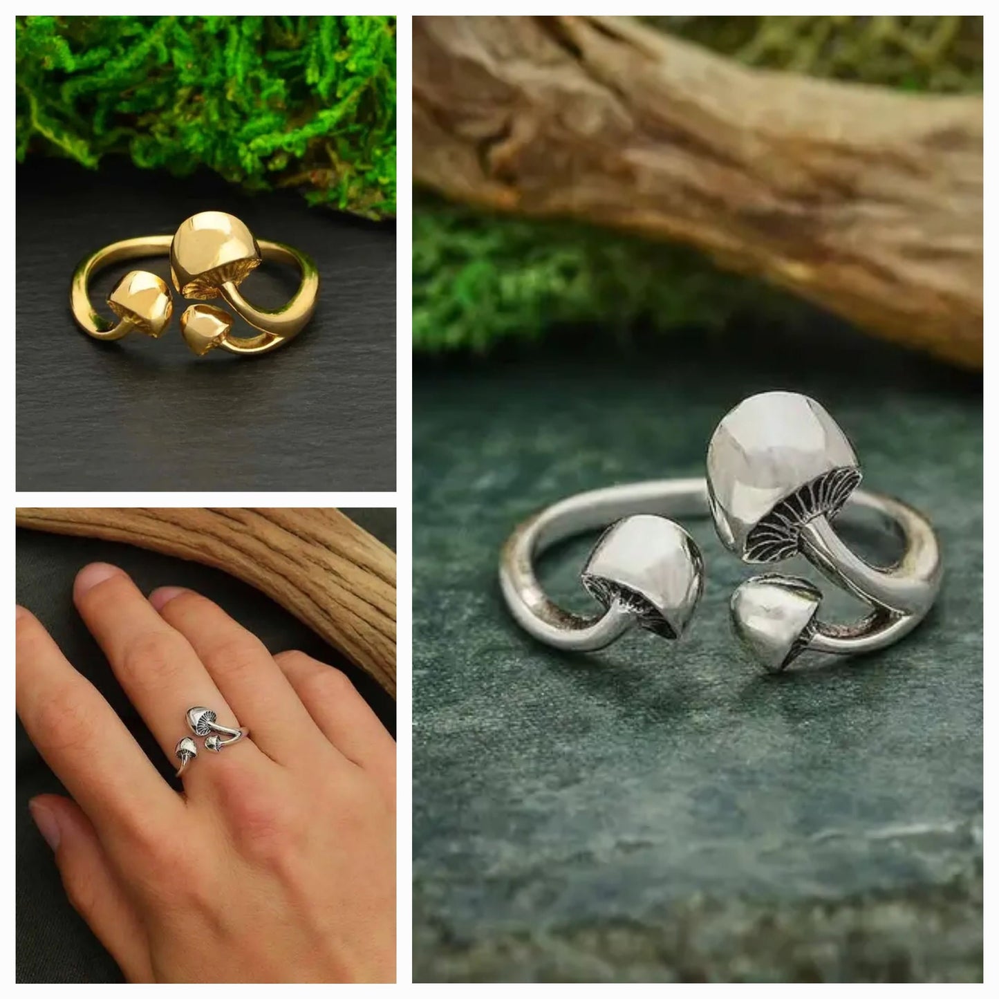 Mushroom Ring, adjustable, one size, Silver or Gold, open ring, nature