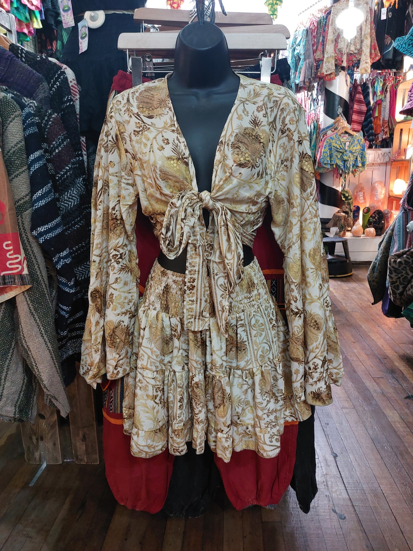 Gold Silk Crop Top & Rara Skirt Matching Set Indian Silk