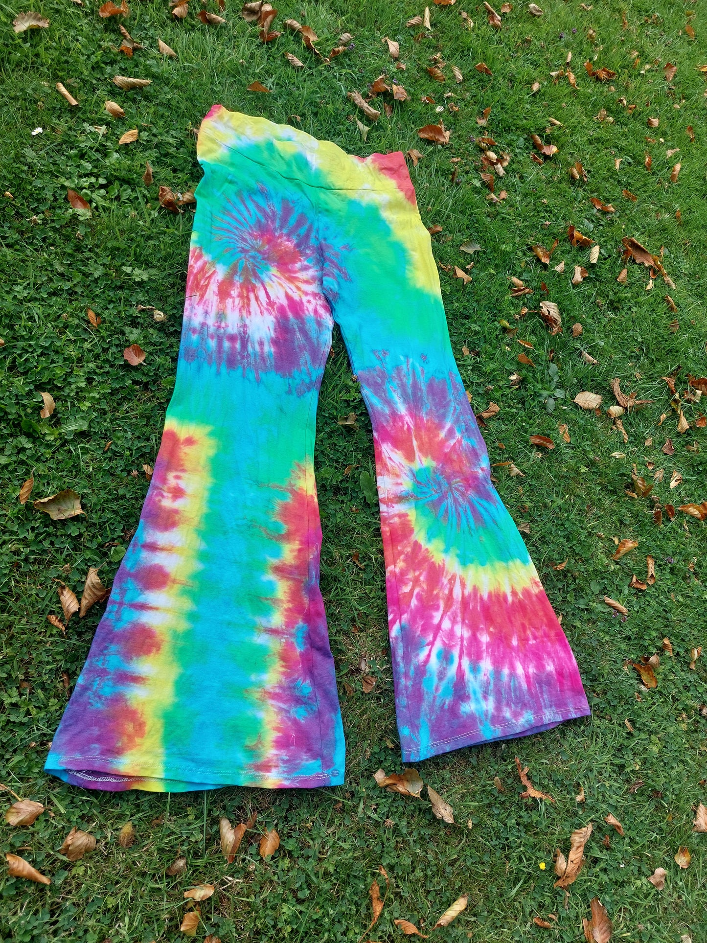 Tie Dye Psychedelic Handmade Hippy Flares Leggings Yoga pants Rainbow Spiral