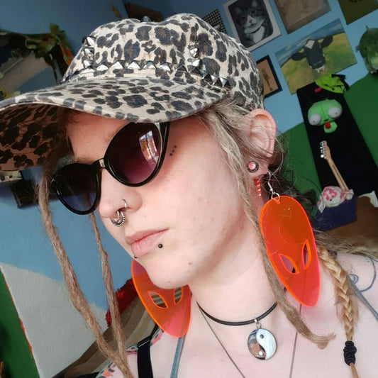 Alien face extra large UV pink translucent 3D drop earrings
