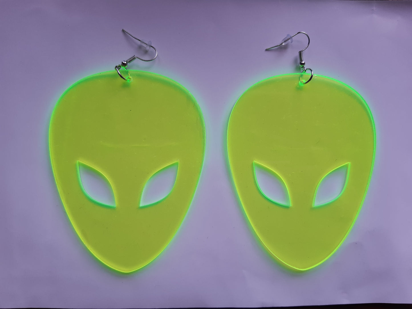 Alien face extra large UV green translucent 3D drop earrings