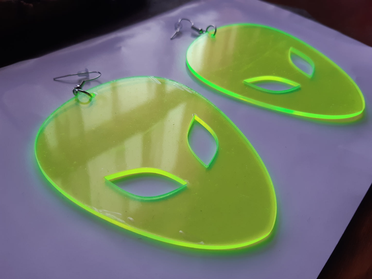 Alien face extra large UV green translucent 3D drop earrings