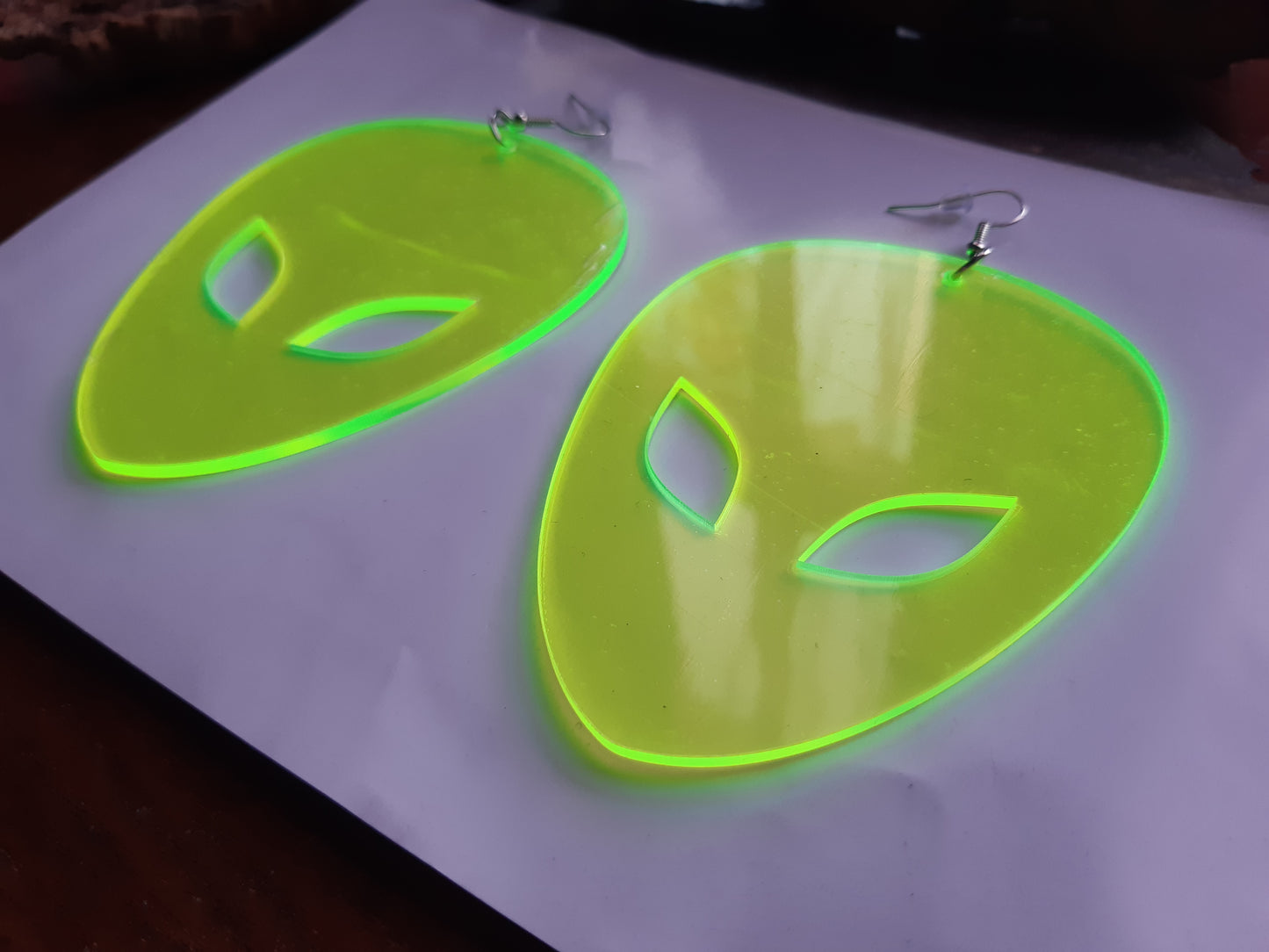 Alien face extra large UV green translucent 3D drop earrings