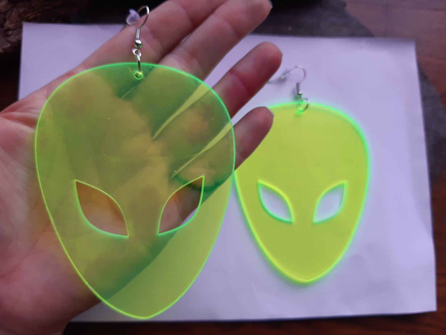 Alien face extra large UV green translucent 3D drop earrings