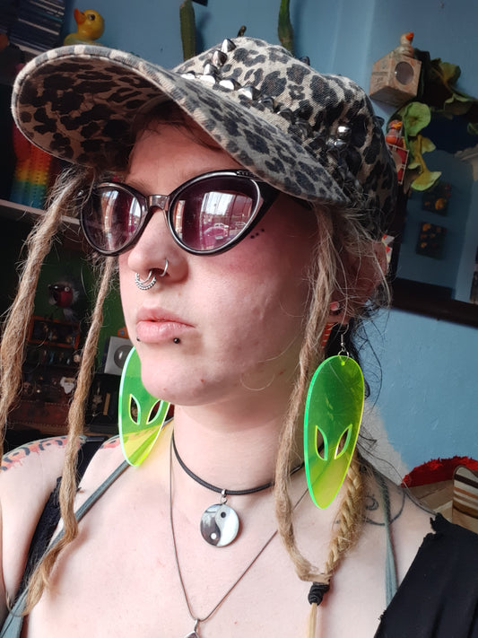 Alien face extra large UV green translucent 3D drop earrings