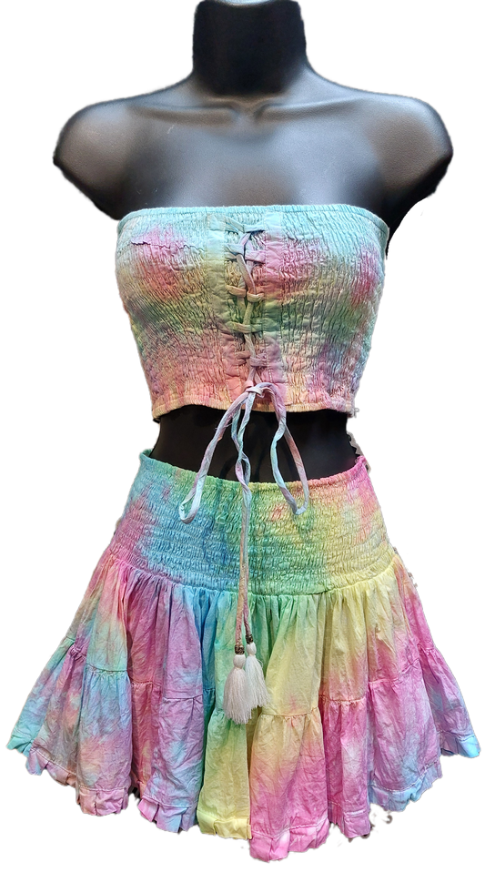 Tie Dye crop top and mini skirt set Boob tube belly top festival outfit