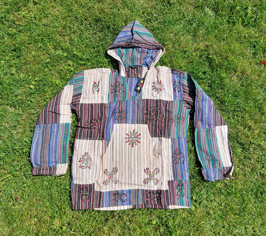 Grandad shirt collarless Hippy patchwork hooded festival top Gringo