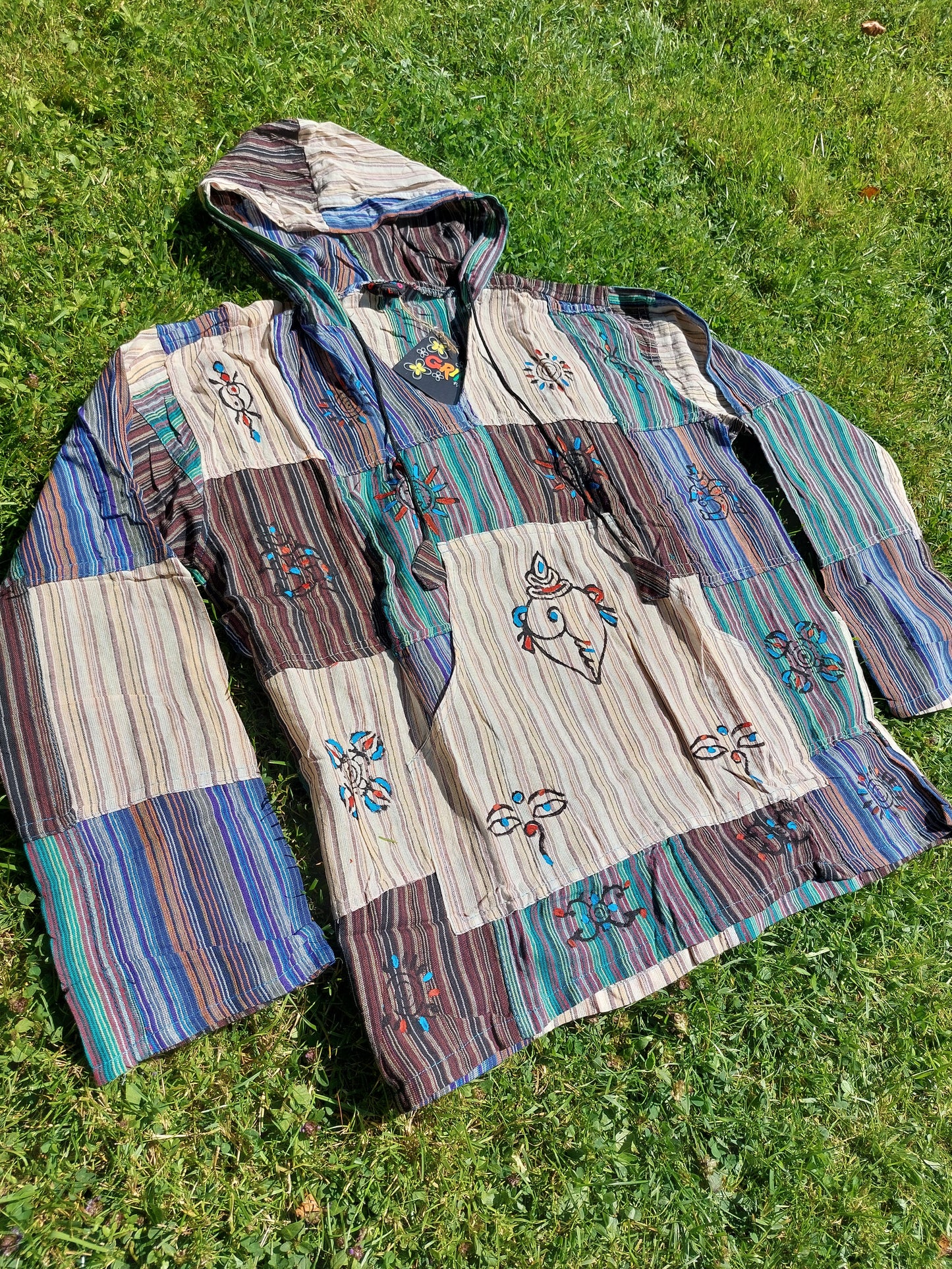 Grandad shirt collarless Hippy patchwork hooded festival top Gringo