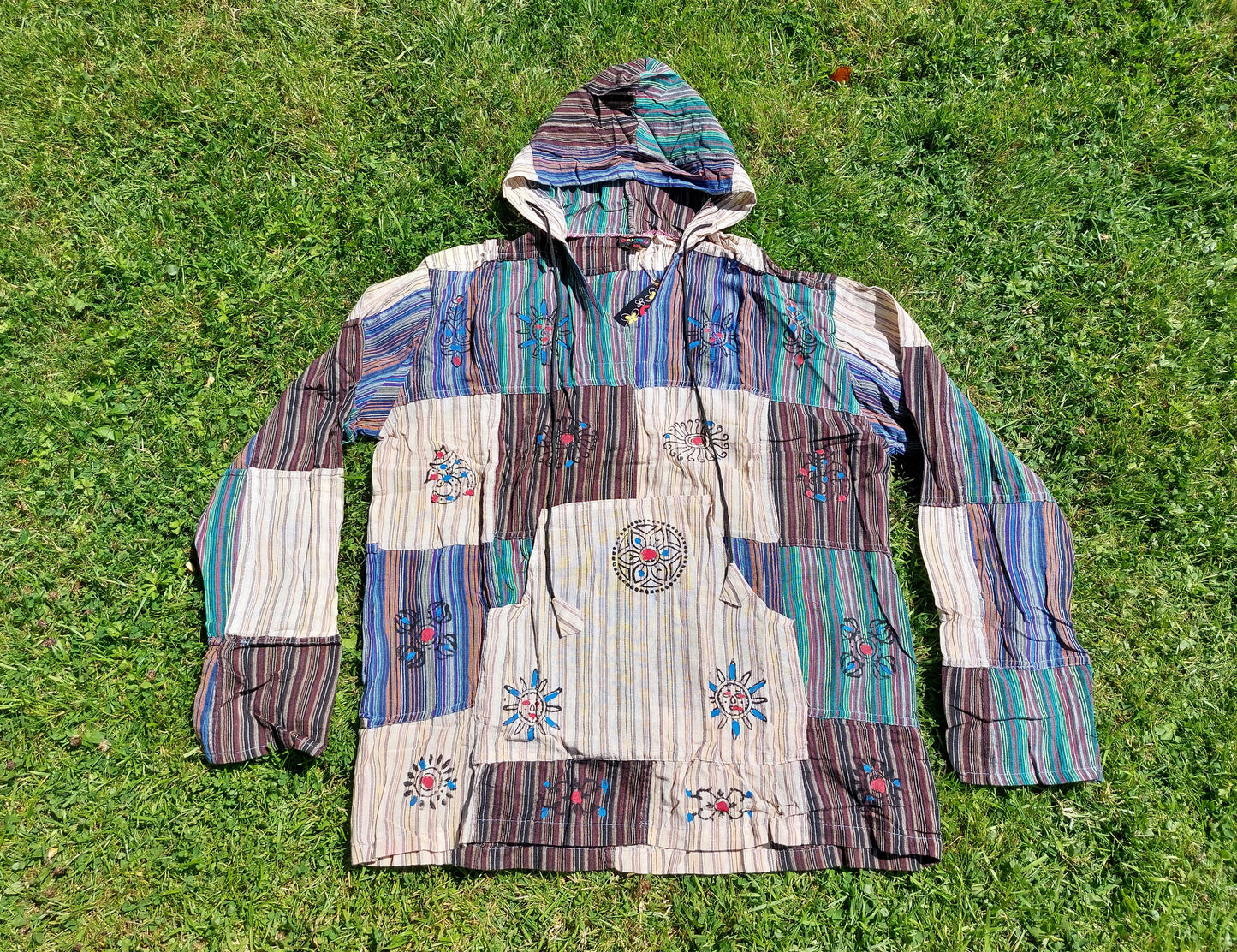 Grandad shirt collarless Hippy patchwork hooded festival top Gringo