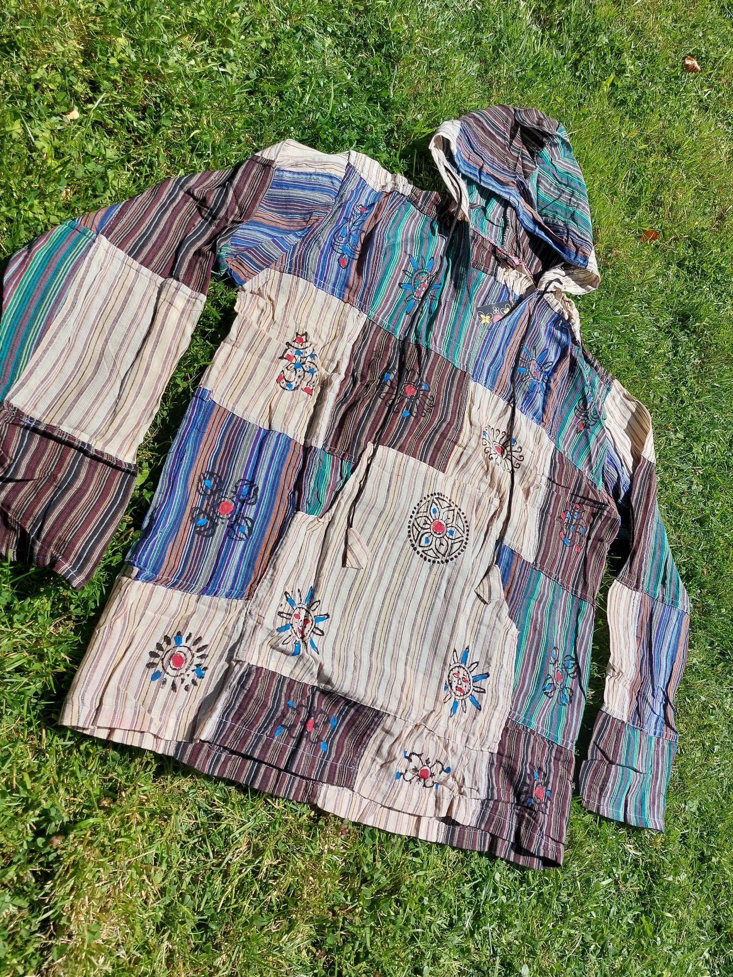 Grandad shirt collarless Hippy patchwork hooded festival top Gringo