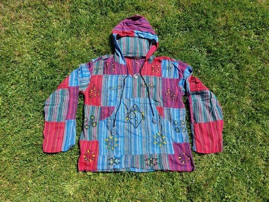 Grandad shirt collarless Hippy patchwork hooded festival top Gringo