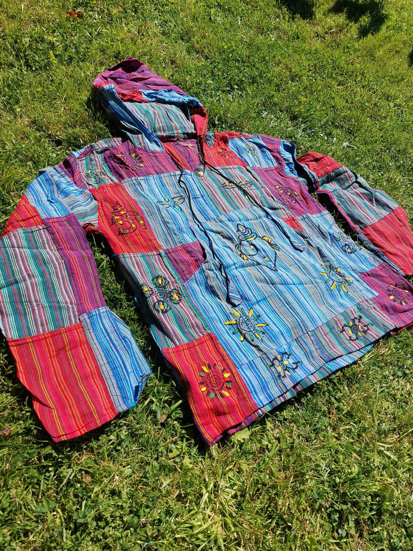 Grandad shirt collarless Hippy patchwork hooded festival top Gringo