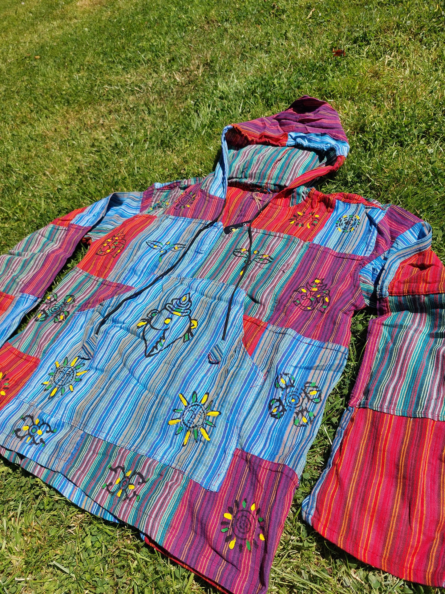 Grandad shirt collarless Hippy patchwork hooded festival top Gringo