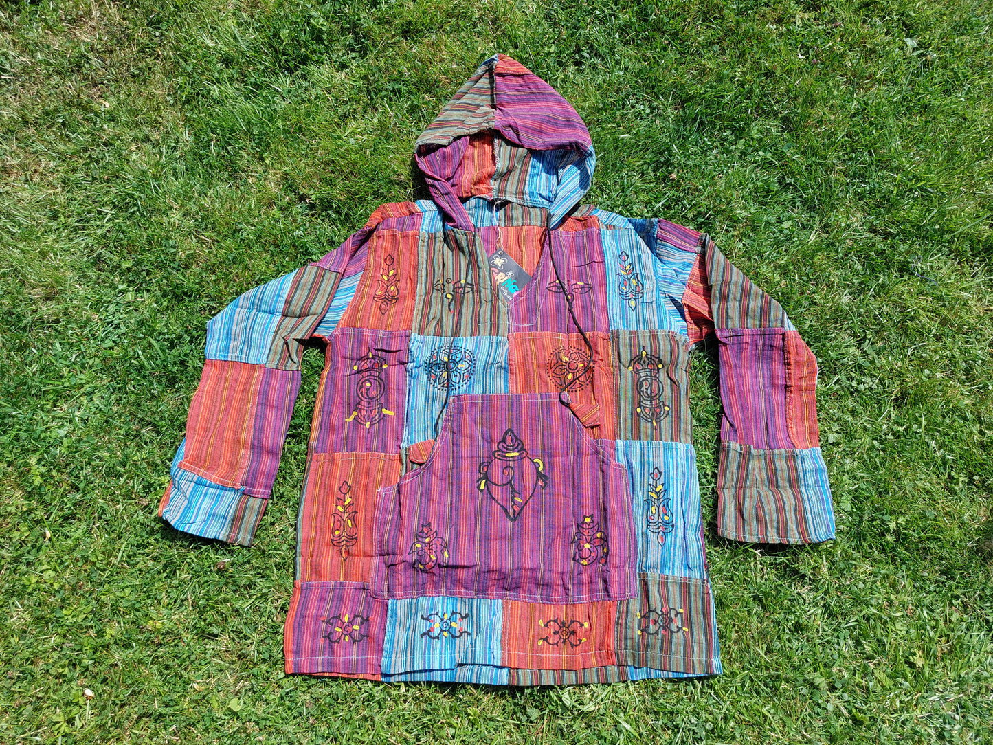 Grandad shirt collarless Hippy patchwork hooded festival top Gringo