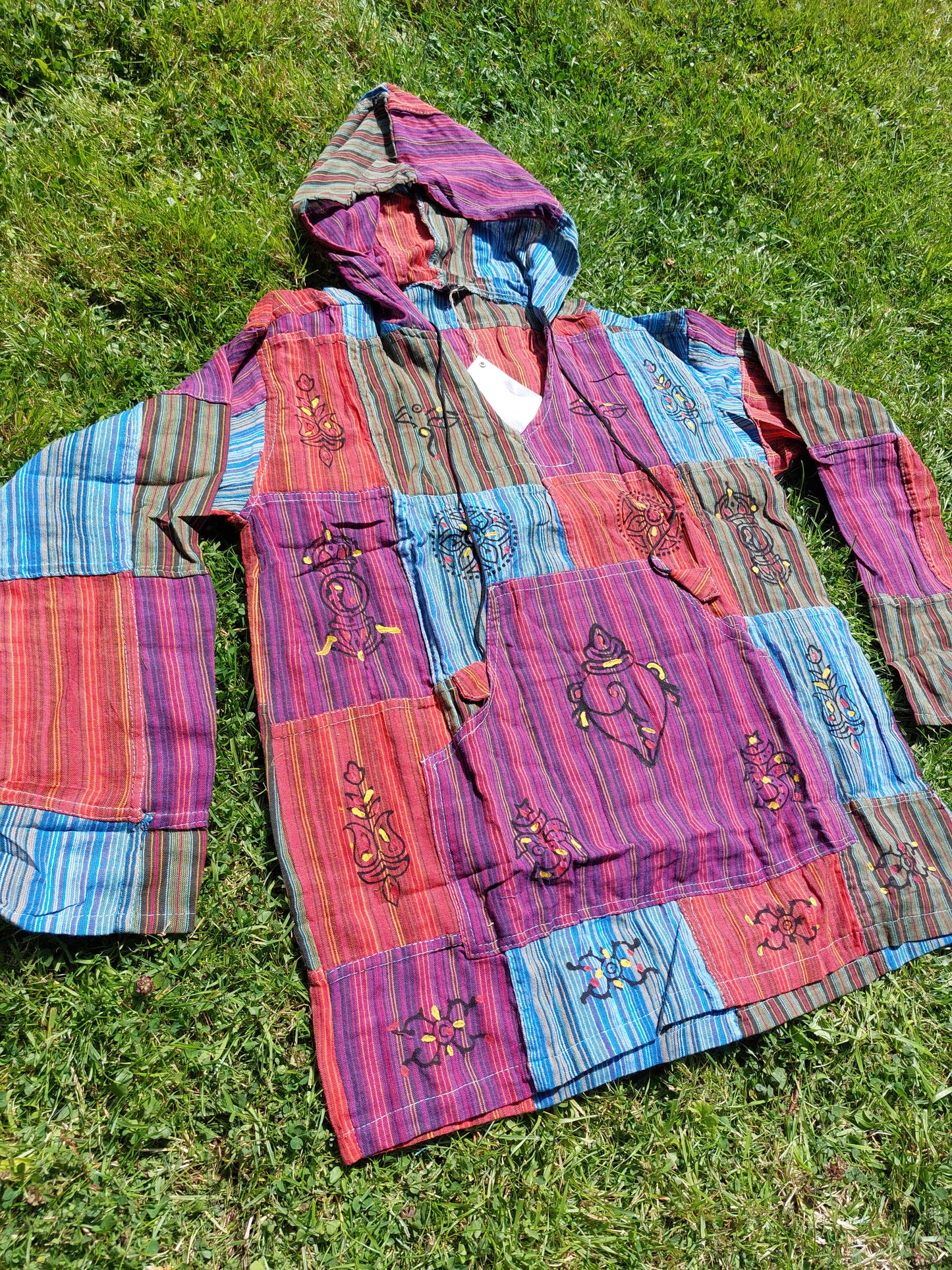 Grandad shirt collarless Hippy patchwork hooded festival top Gringo