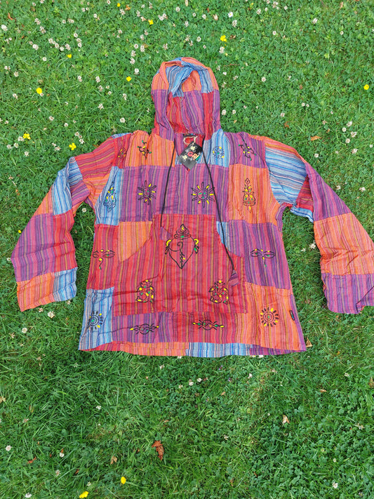 Grandad shirt collarless Hippy patchwork hooded festival top Gringo