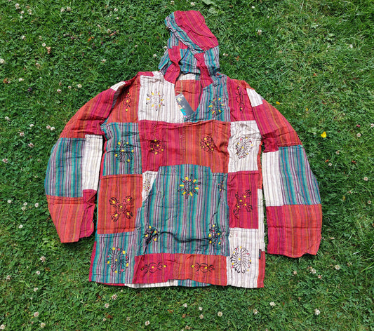 Grandad shirt collarless Hippy patchwork hooded festival top Gringo
