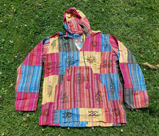 Grandad shirt collarless Hippy patchwork hooded festival top Gringo