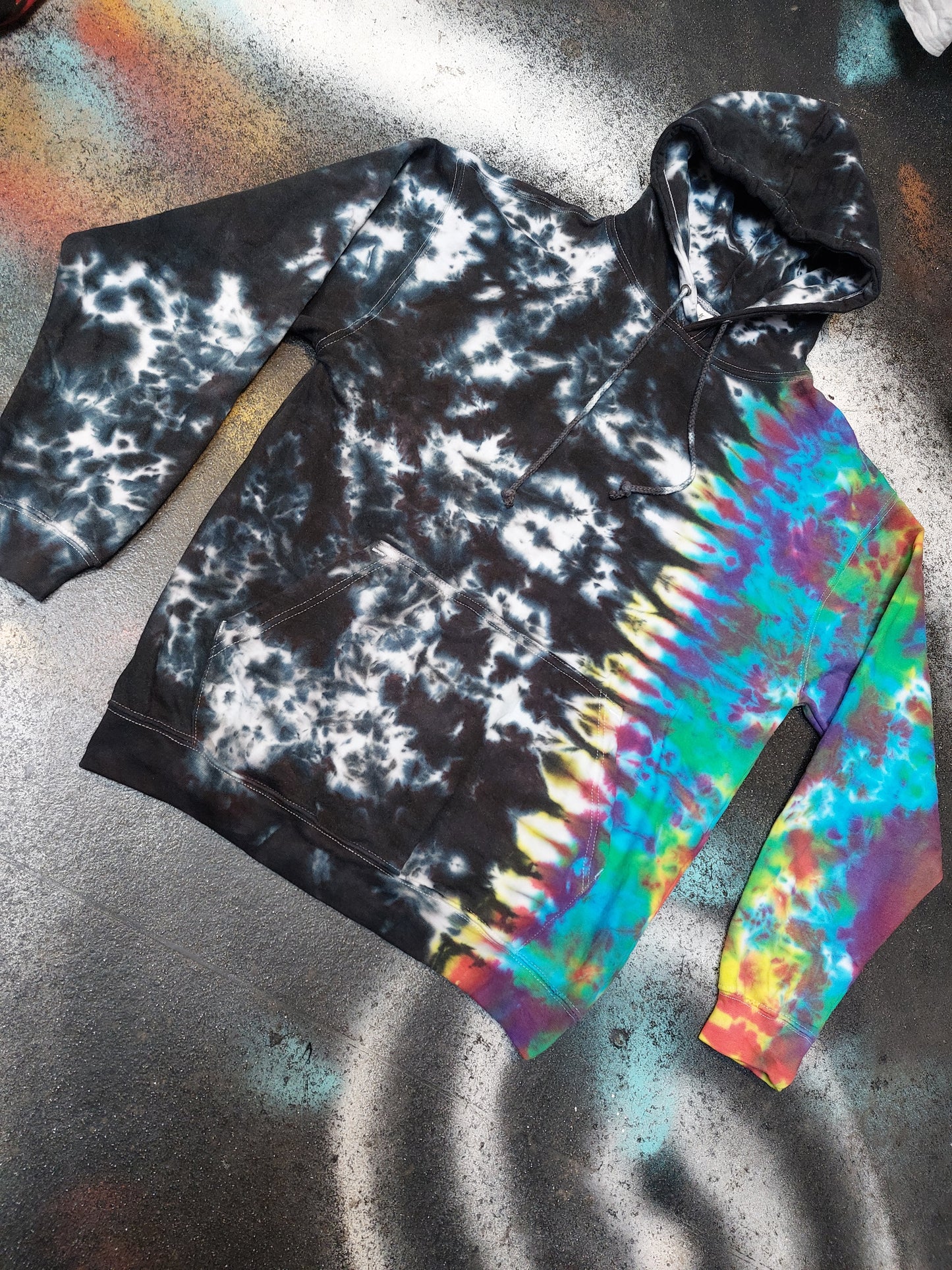 Tie Dye Rainbow & Black split colour hoodie UNISEX XS-5XL