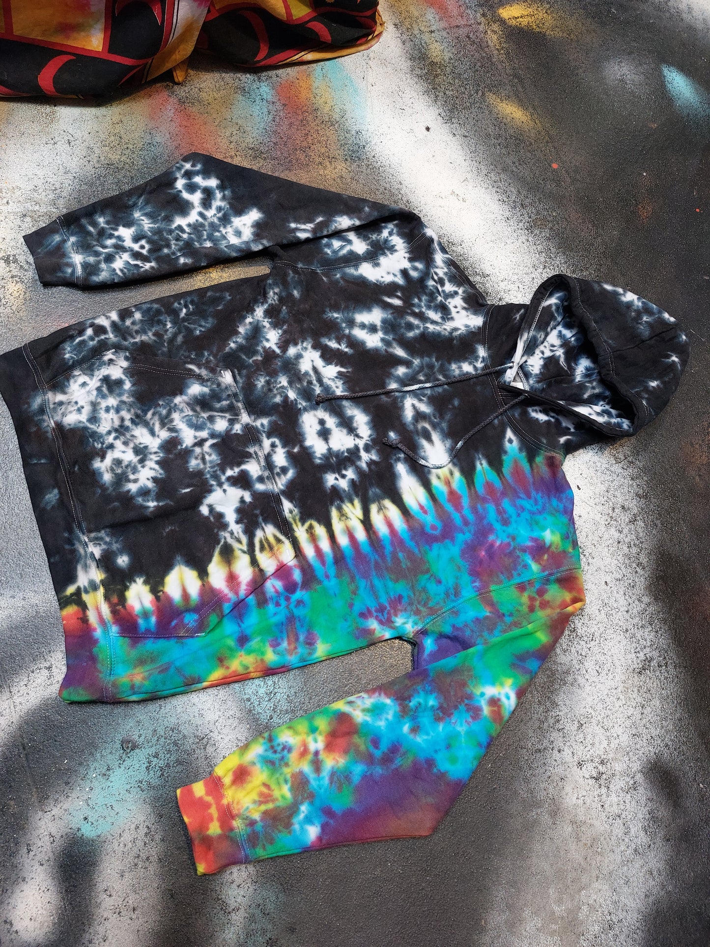 Tie Dye Rainbow & Black split colour hoodie UNISEX XS-5XL