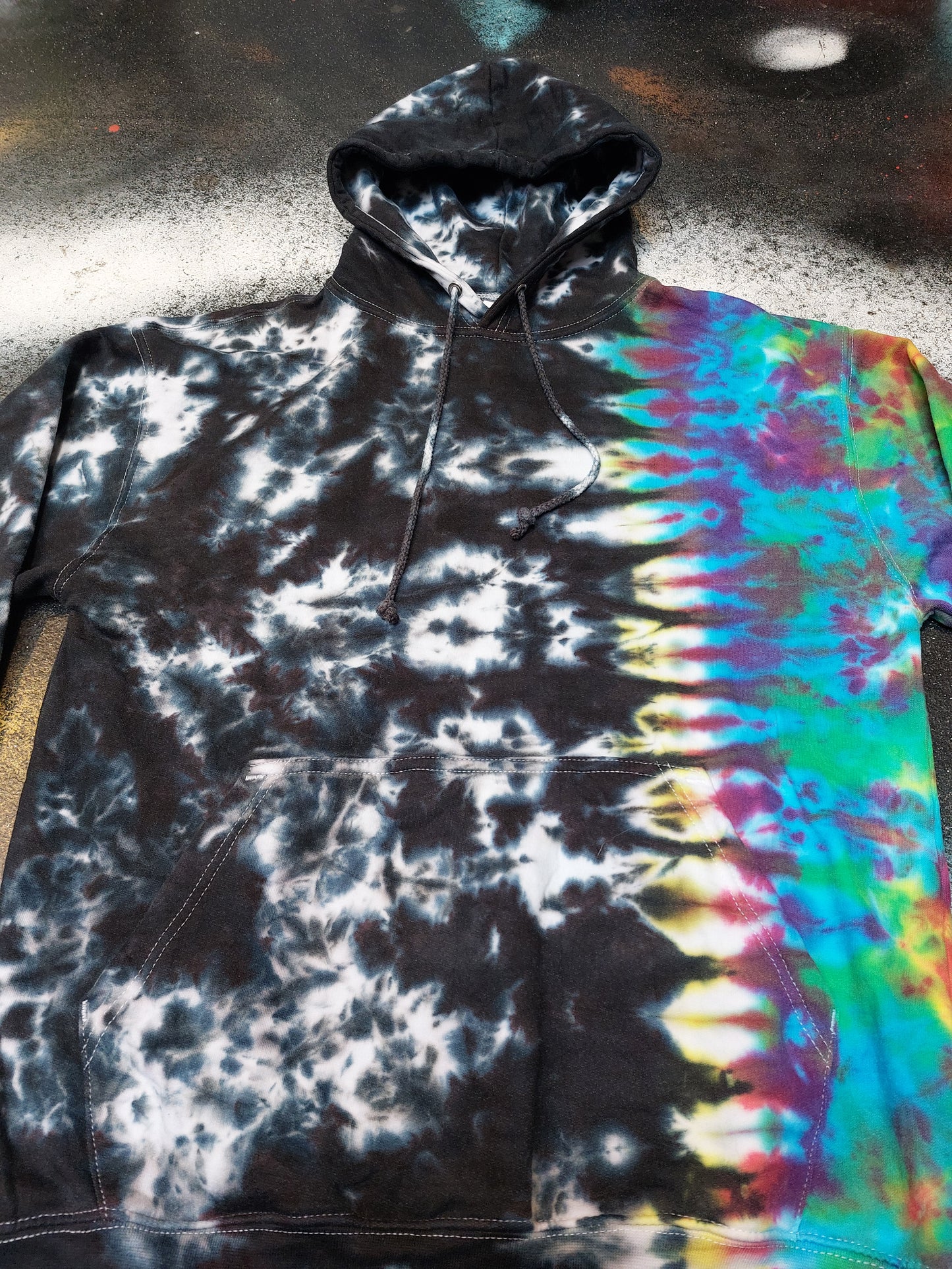 Tie Dye Rainbow & Black split colour hoodie UNISEX XS-5XL