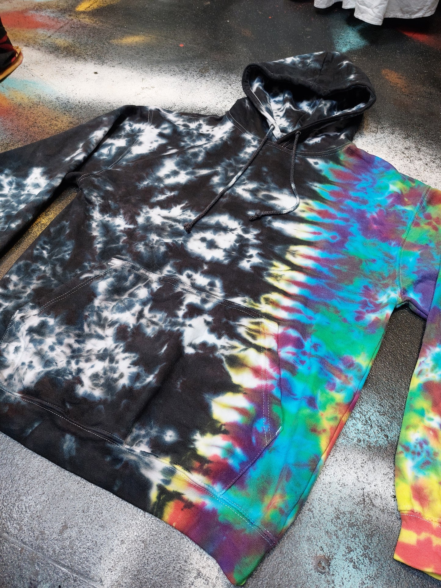 Tie Dye Rainbow & Black split colour hoodie UNISEX XS-5XL