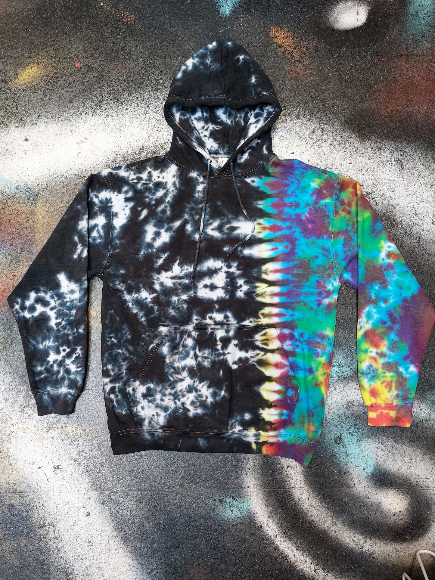 Tie Dye Rainbow & Black split colour hoodie UNISEX XS-5XL