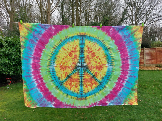 Tie Dye Tapestry Wall Hanging Psychedelic CND Peace Sign 220x150cm Handmade