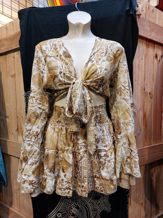 Gold Silk Crop Top & Rara Skirt Matching Set Indian Silk