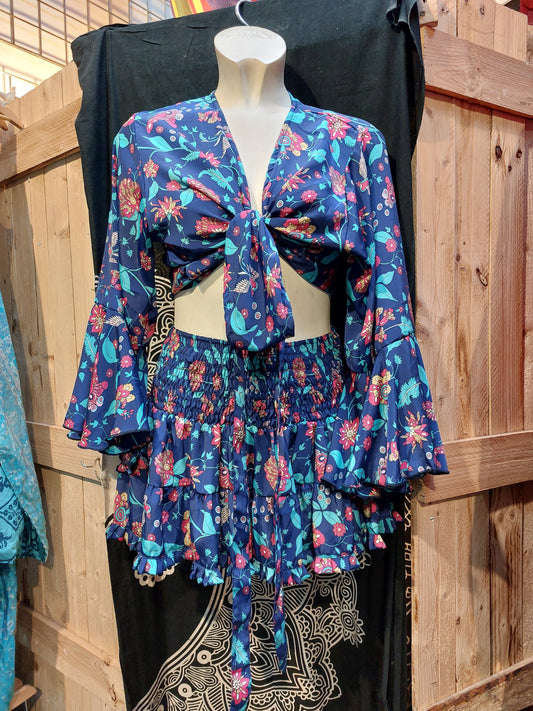 Crop Top & Rara Skirt BLUE Matching Set Indian Silk