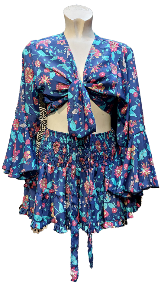 Crop Top & Rara Skirt BLUE Matching Set Indian Silk