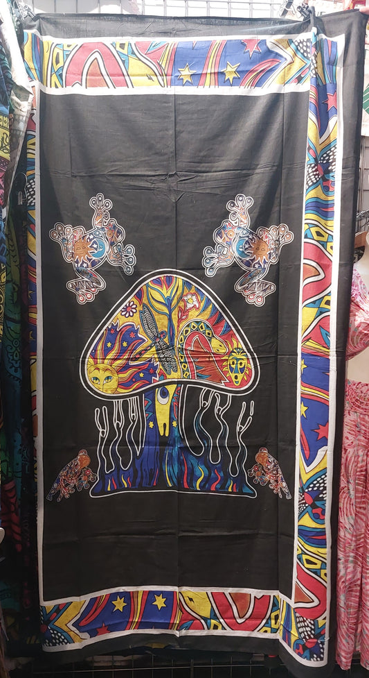Mushroom Frog Black & Rainbow Hippy tapestry Wall Hanging Bedspread SINGLE SIZE