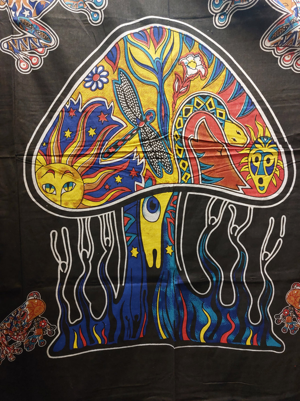 Mushroom Frog Black & Rainbow Hippy tapestry Wall Hanging Bedspread SINGLE SIZE