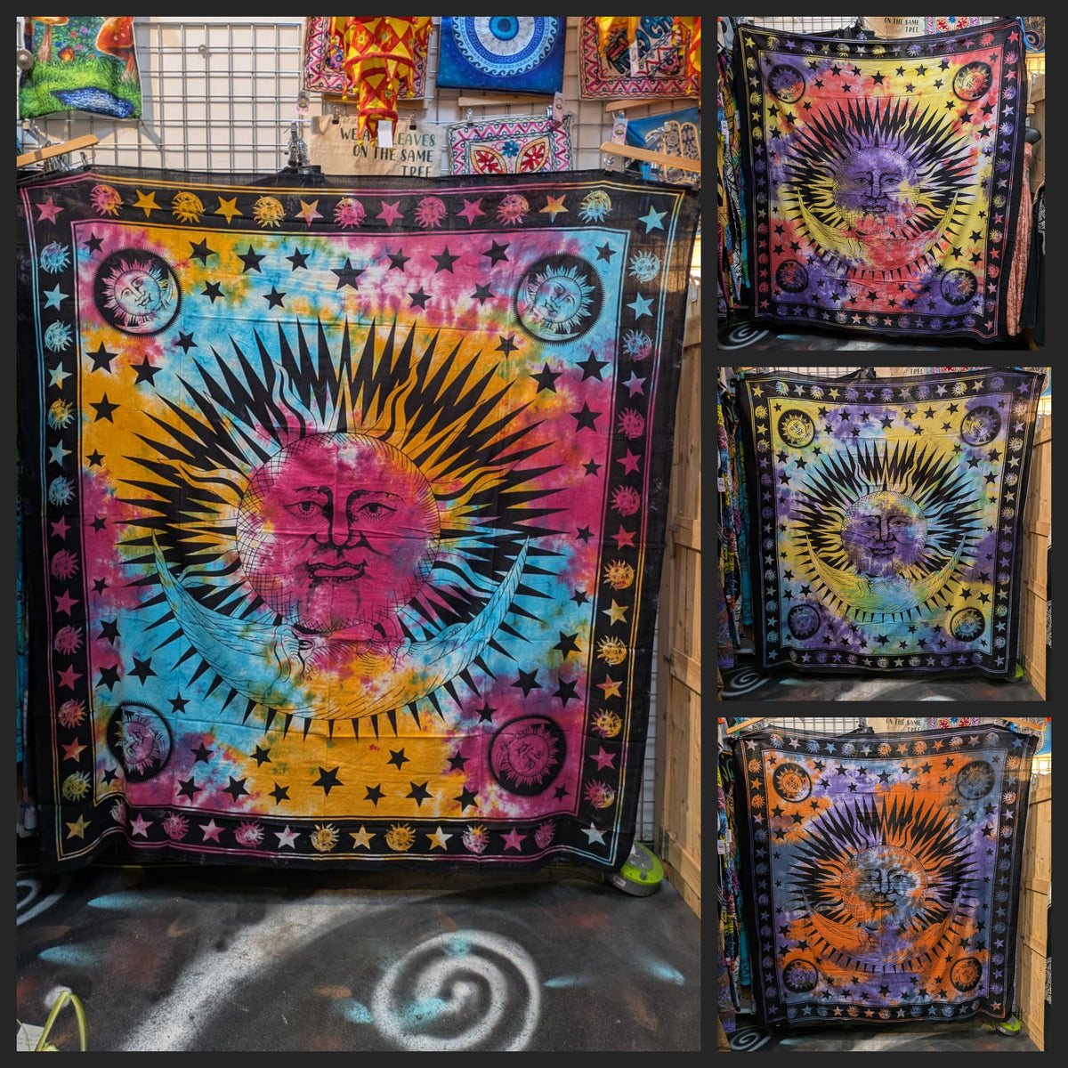 Sun & Moon face Multicolour Traditional Large double bedspread wall hanging tapestry 210cm x 240cm