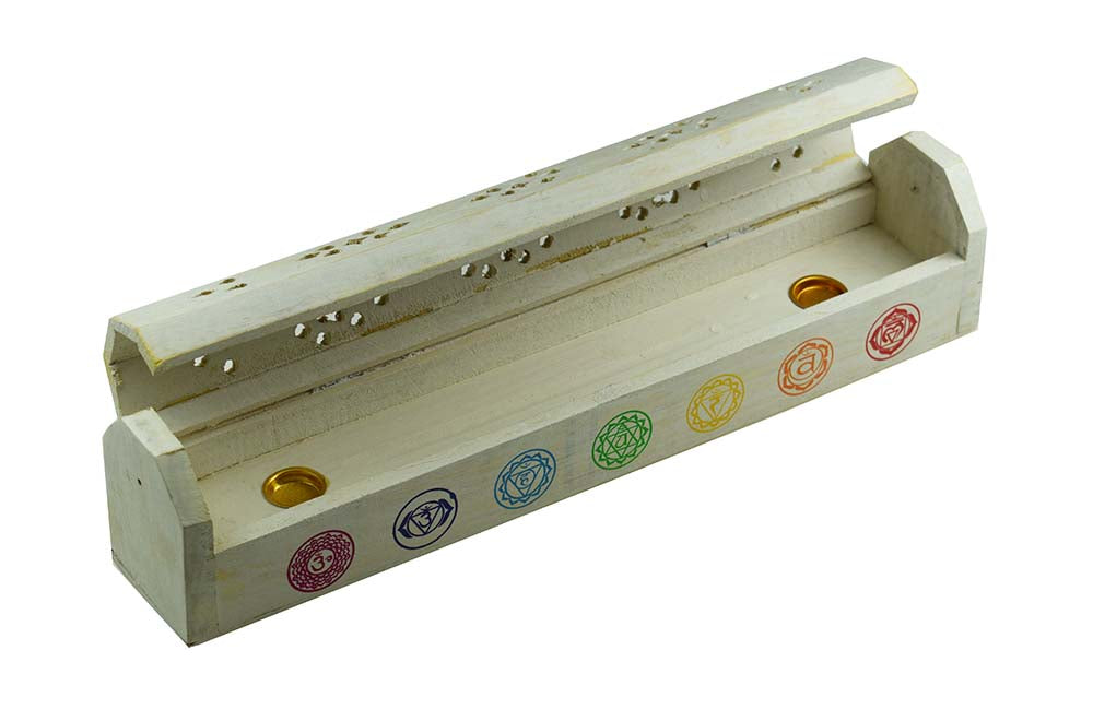 Chakra WHITE Wooden Incense Holder Smoke Box