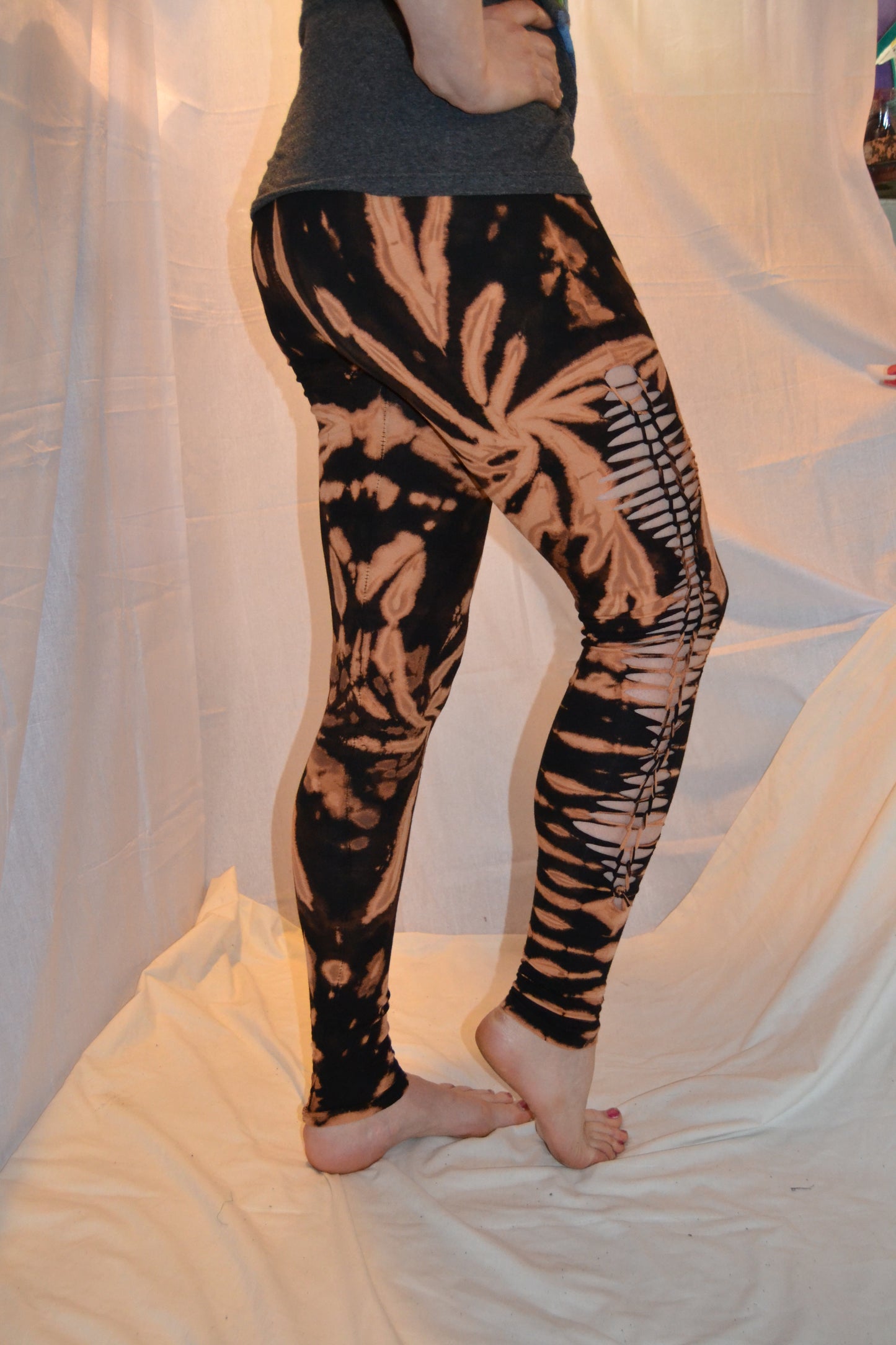 Tie Dye Psychedelic Handmade Psy Pixie razor-cut knotted Leggings Black Brown FREESIZE