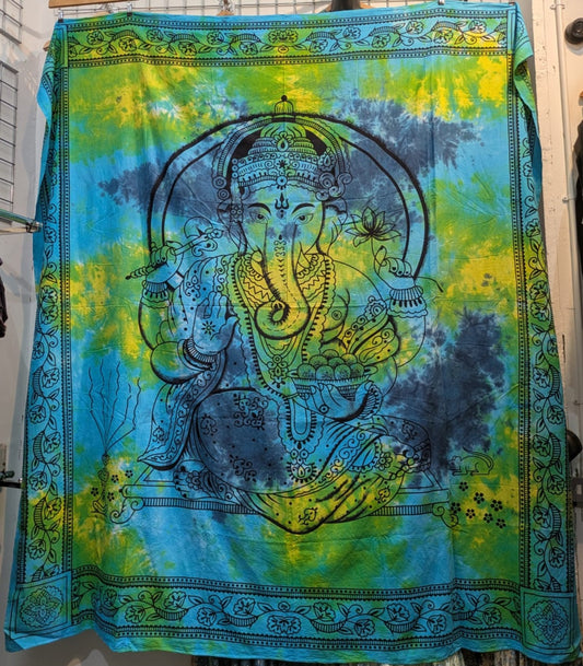 Ganesh Hindu God print Aqua tie dye Large bedspread wall hanging tapestry