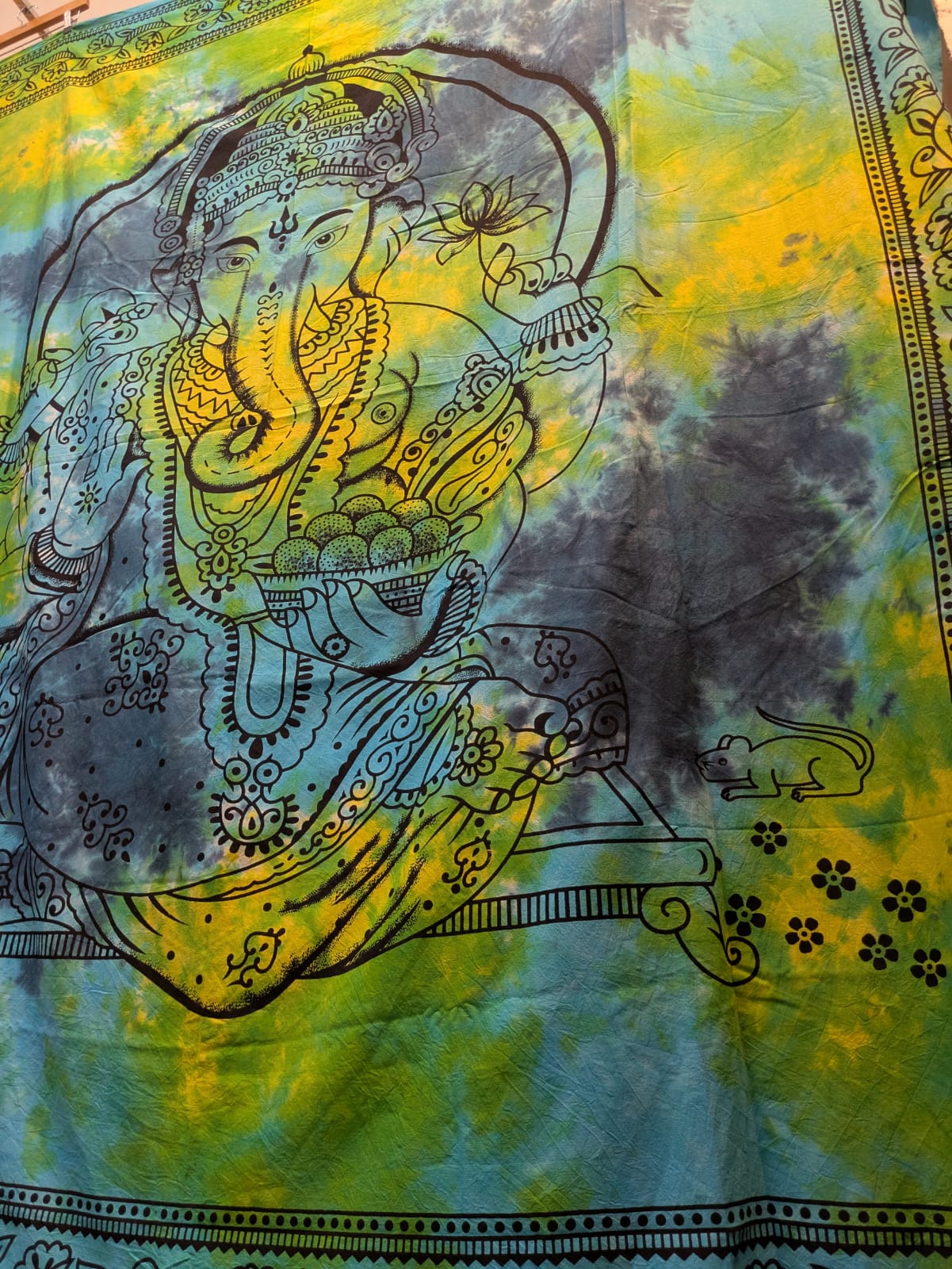Ganesh Hindu God print Aqua tie dye Large bedspread wall hanging tapestry