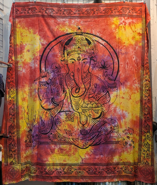 Ganesh Hindu God print Sunset tie dye Large bedspread wall hanging tapestry