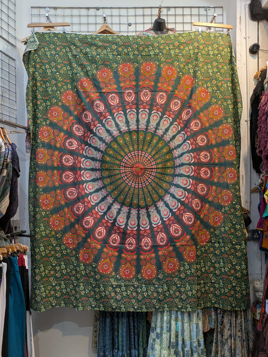 Peacock Mandala Green Orange Large bedspread wall hanging tapestry