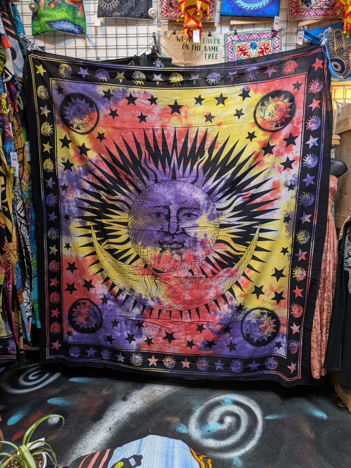 Sun & Moon face Multicolour Traditional Large double bedspread wall hanging tapestry 210cm x 240cm